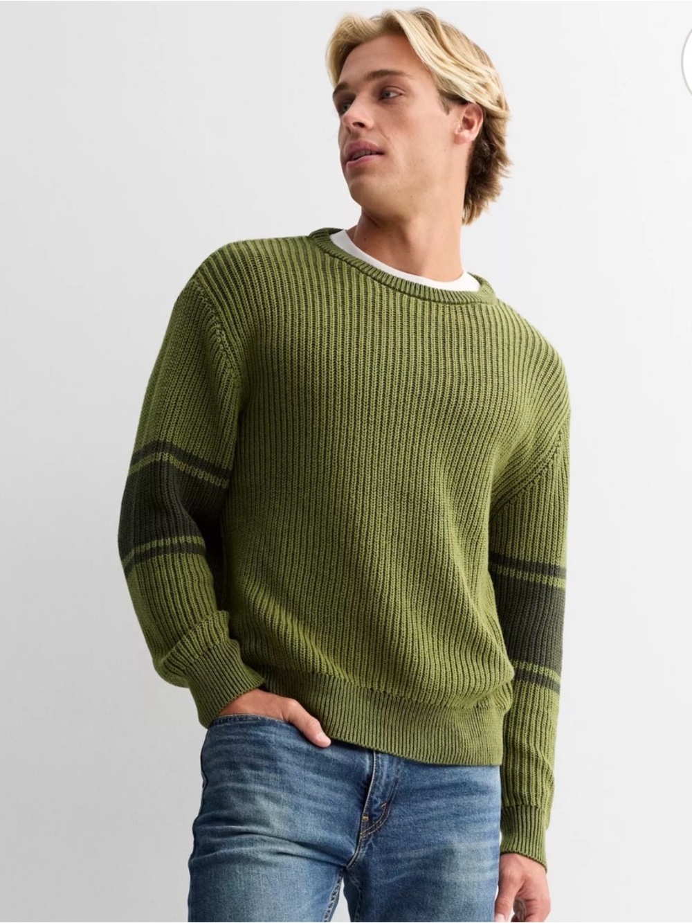 Men's Olive Crewneck Ribbed Sweater Sage and steal